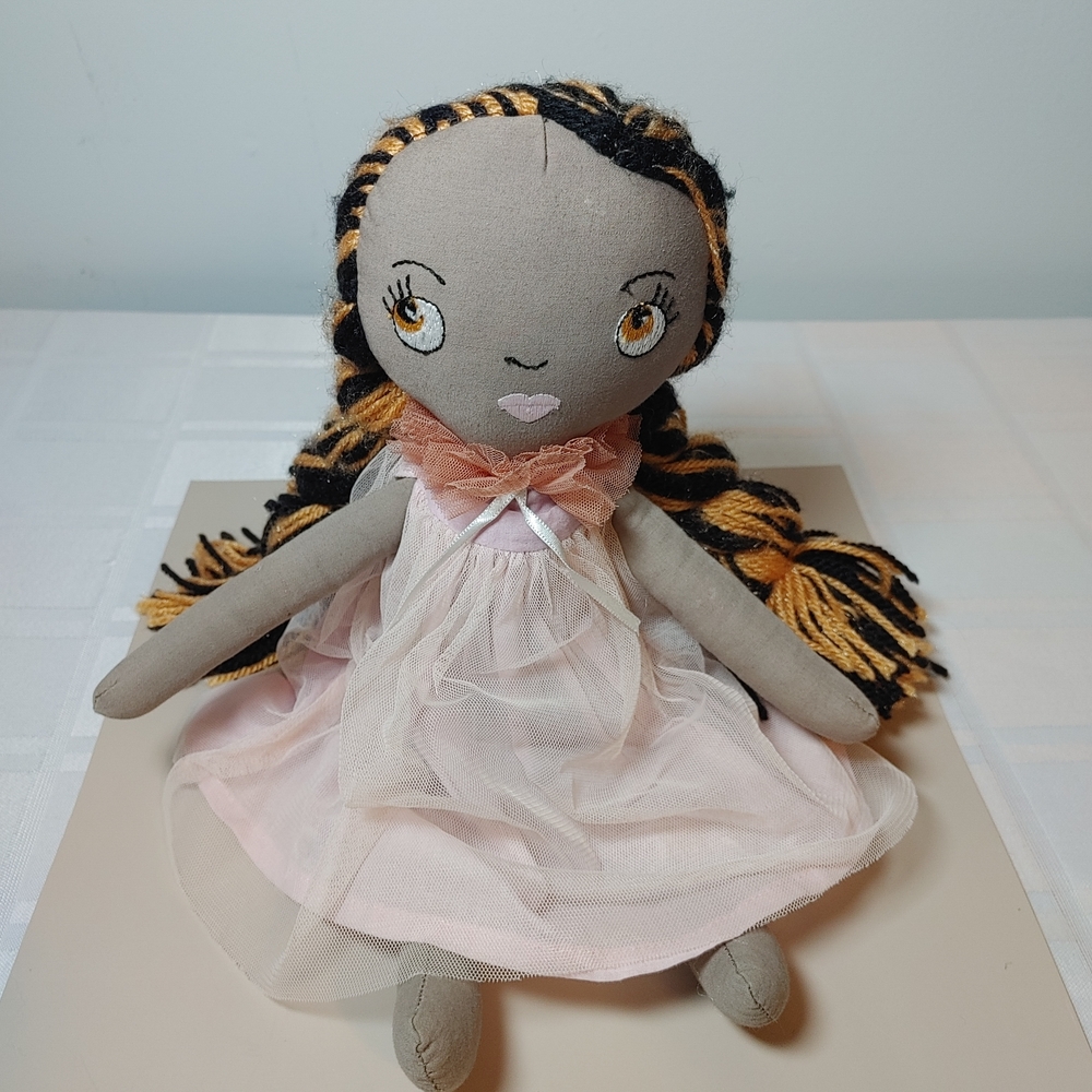 (3/$20) Folk Art Style Small Fabric Doll Braided Yarn Hair & Pink Tulle Dress